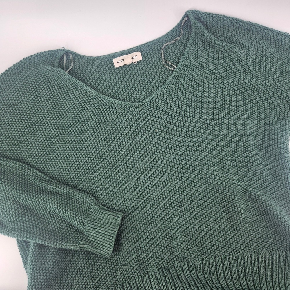 Lucky Brand Women Large V-Neck Pullover Sweater Green Waffle Knit